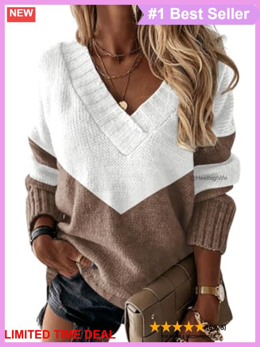 Womens V Neck Long Sleeve Color Block Pullover Sweater Lightweight Casual Knit